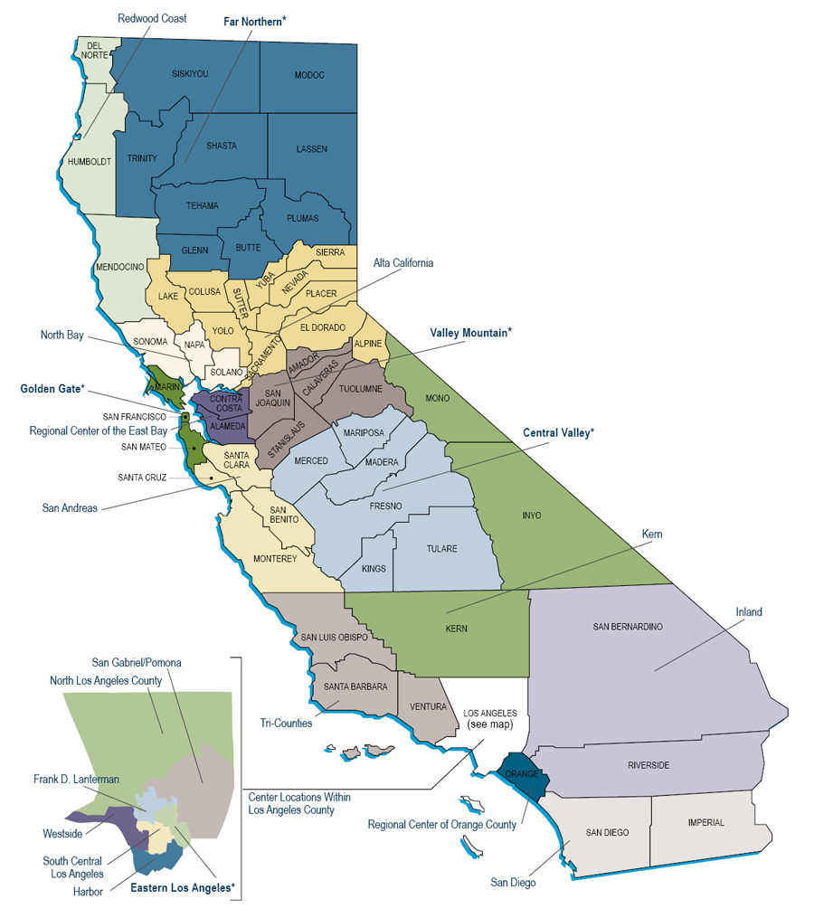 The Figure is a map of California depicting the location of all 21 regional centers throughout the State.