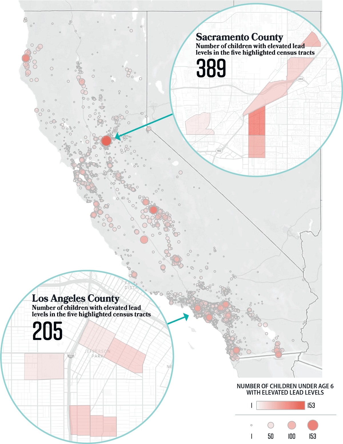 A map of California showing that children with elevated lead levels are concentrated in mostly the urban parts of the State, with pullouts for Sacramento and Los Angeles Counties.
