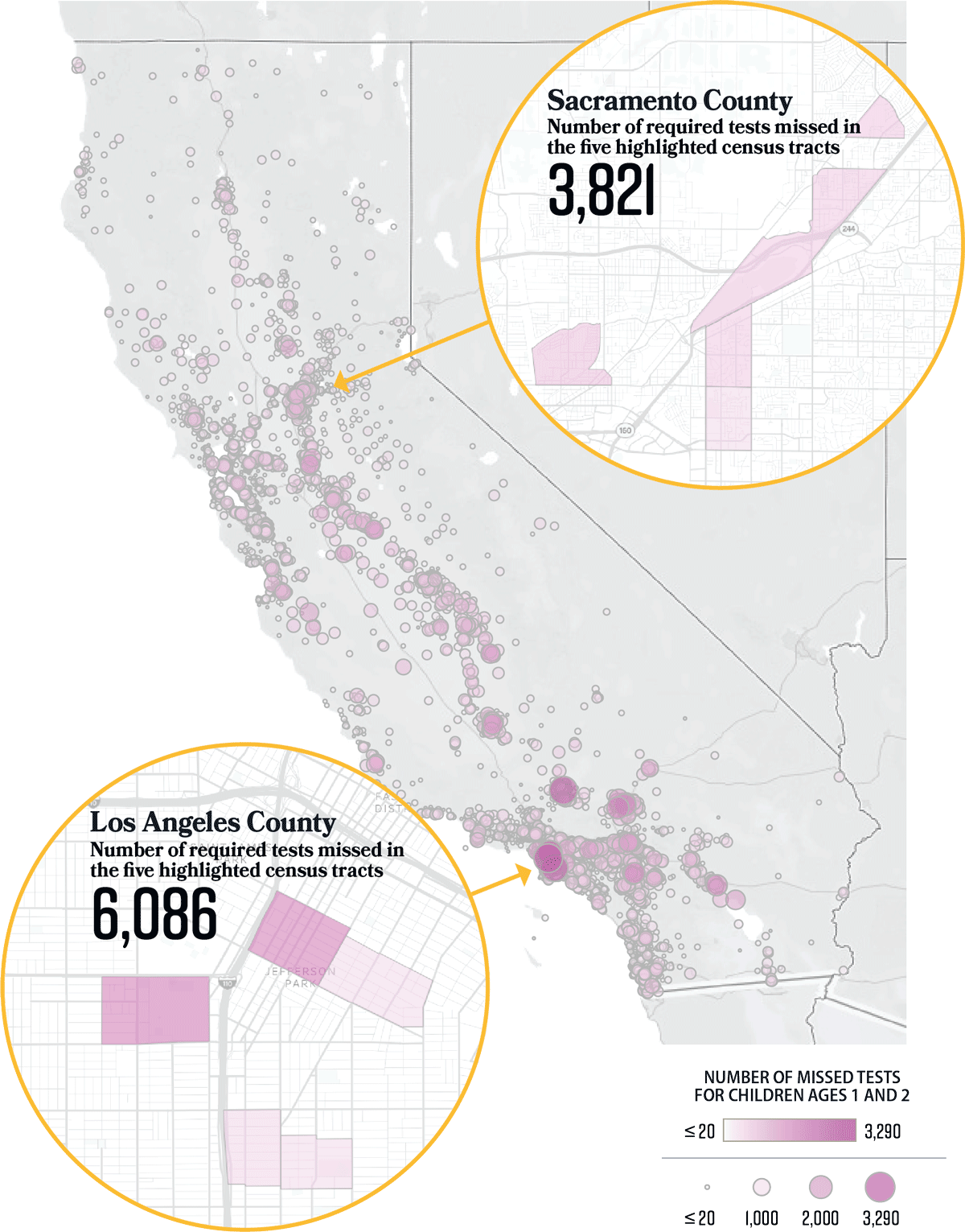 A map of California showing that missed lead tests are concentrated in mostly the urban parts of the State, with pullouts for Sacramento and Los Angeles Counties.