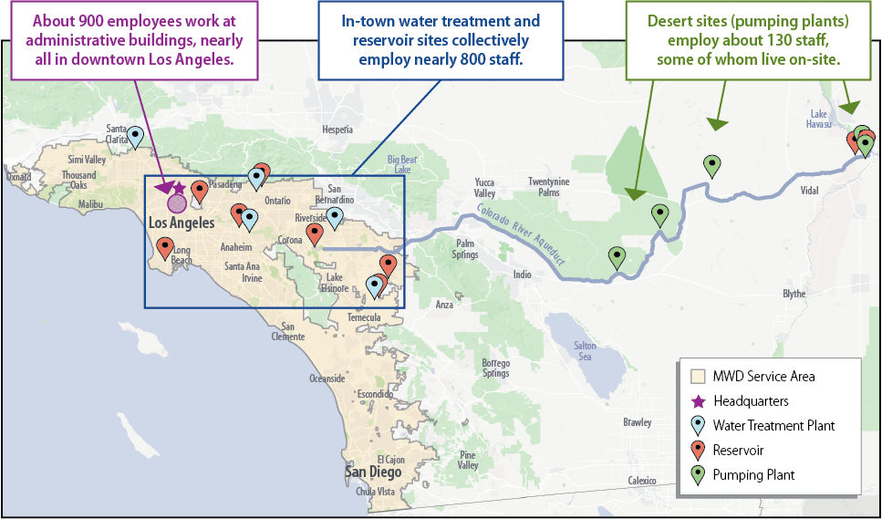 A map that shows the locations of various MWD sites throughout Southern California, as well as the approximate numbers of employees working at each.