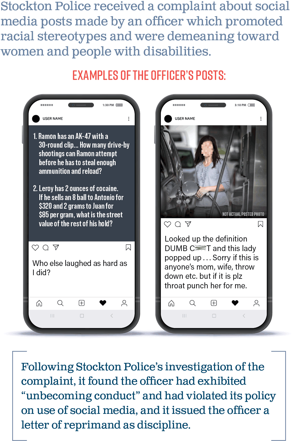 A graphic depicting examples of a Stockton Police officer's biased social media posts that were the subject of a complaint and investigation.
