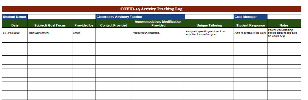 Blank template for COVID-19 Activity Tracking Log.