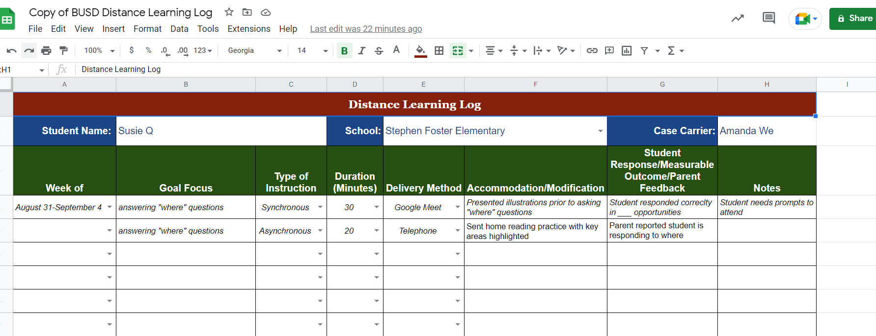 Blank template for Distance learning log.