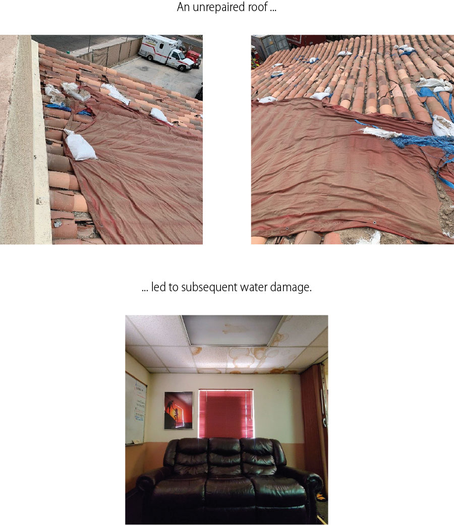 A set of three photos that show an unrepaired fire station roof that led to subsequent water damage inside the building.