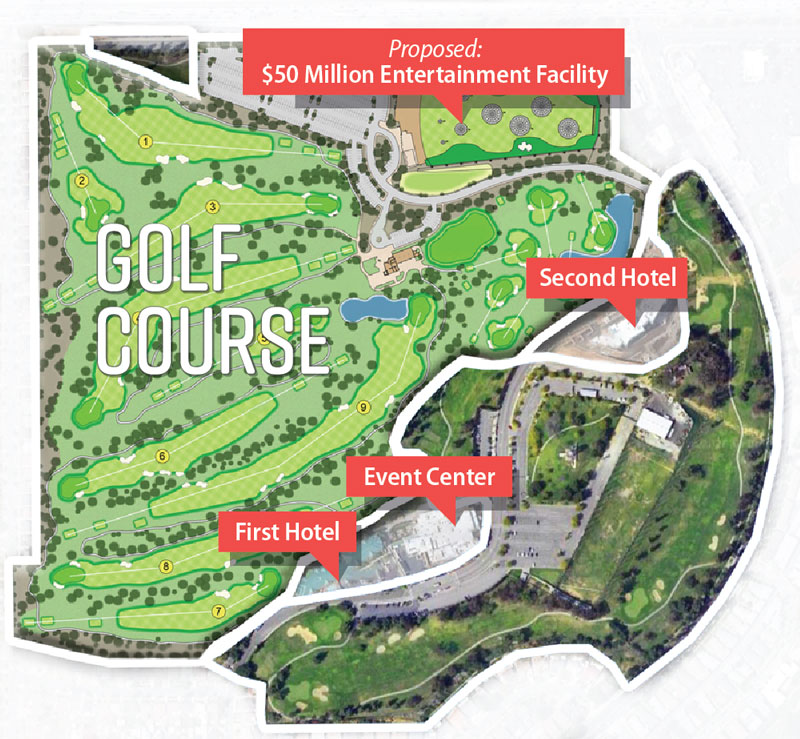 Figure 2 is a map of the city of Montebello's golf course including the city's two city-owned hotels, the event center, and the proposed location of the new entertainment facility.