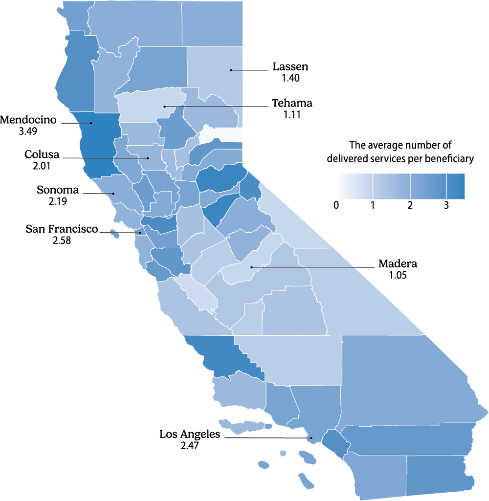 This figure consists of a map of California with each county colored with a gradient indicating the average number of delivered behavioral health services per beneficiary in 2022.