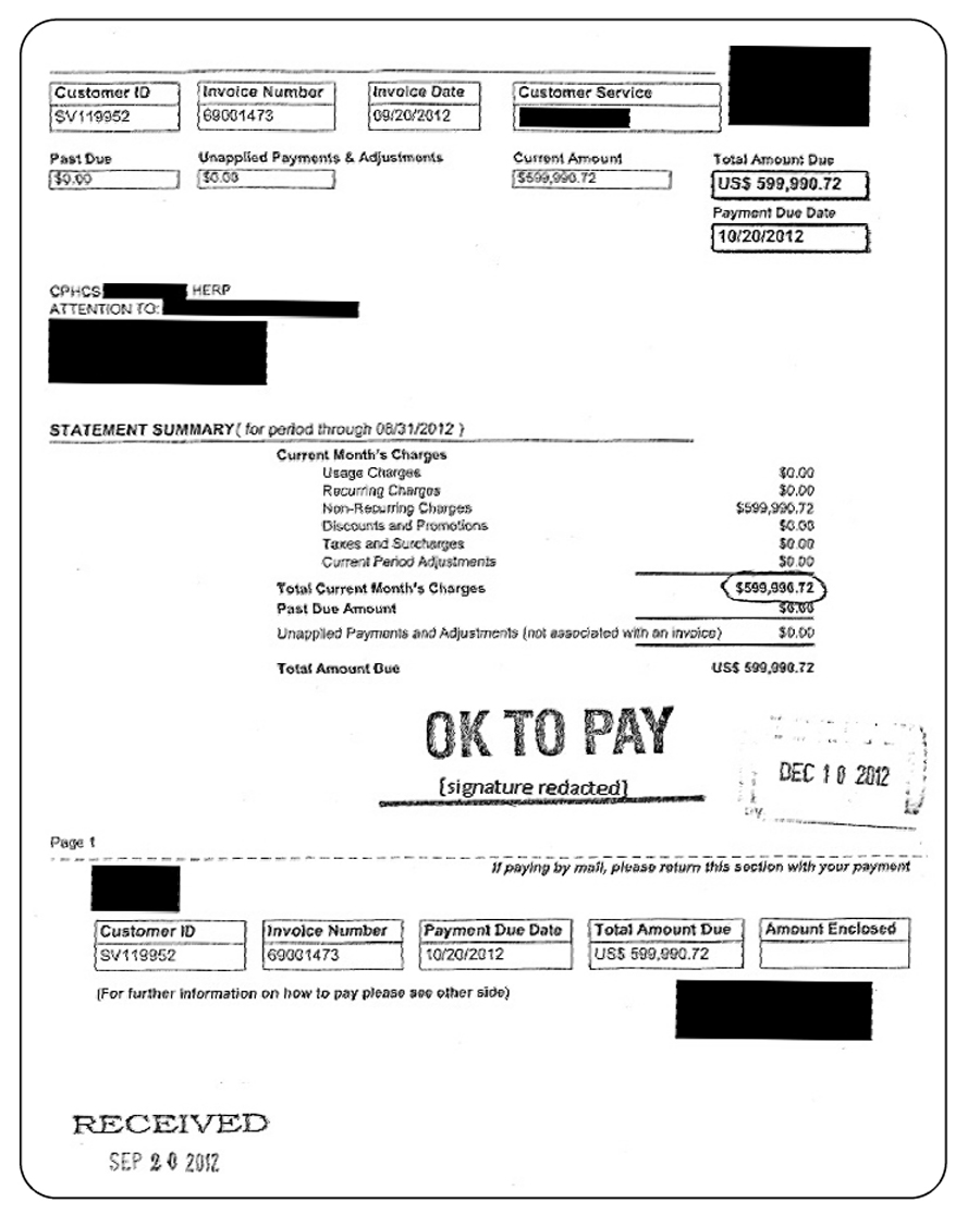 Figure 2 – An example of an approved invoice totaling $559,990.72.