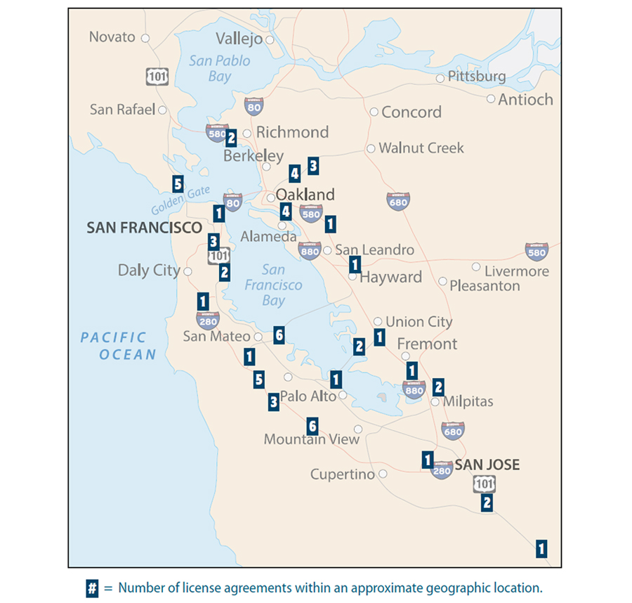 A map of the San Francisco Bay Area identifying the location of the 59 license agreements with undercharged rent.
